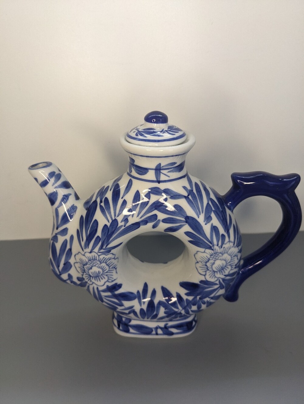 Vintage Blue White Ring Teapot Ceramic Donut Form Japan Floral Design